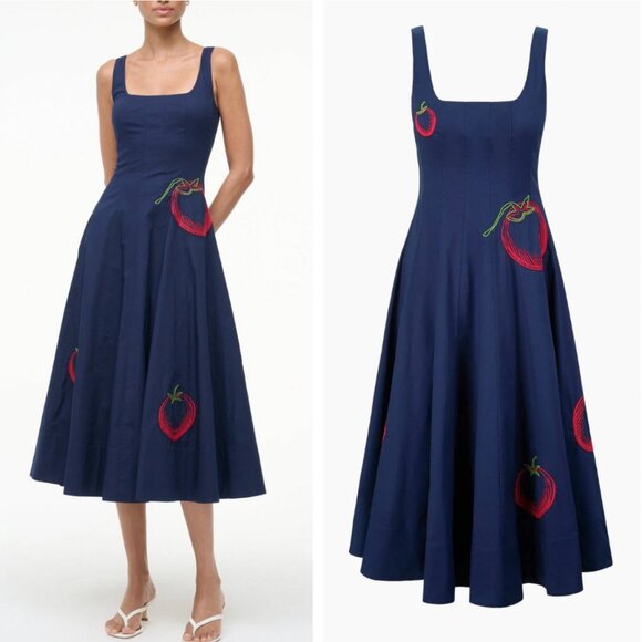 BEST STAUD Wells Midi Dress Navy Roma Strawberry Causal Classic - Picture 1 of 11
